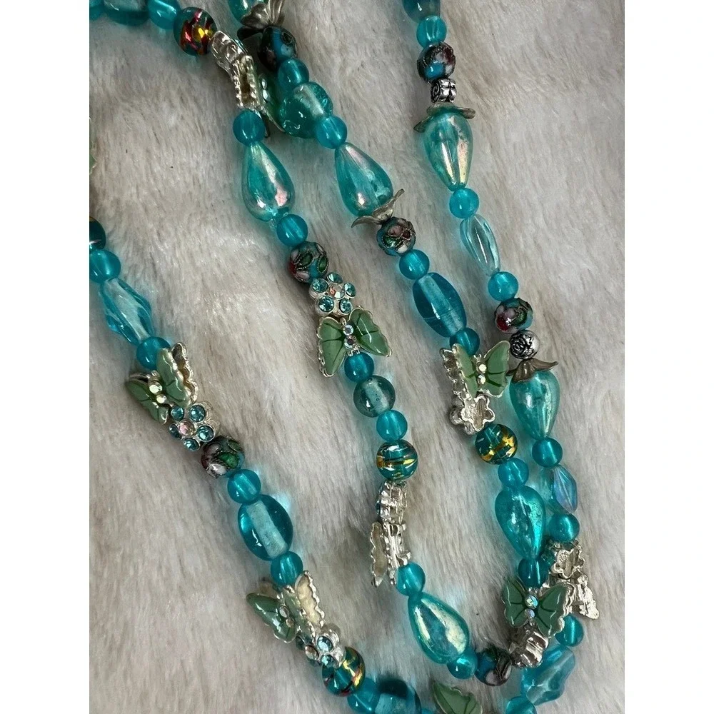 Turquoise Glass Bead Necklace Butterflies Lampwork Foil‎ Artisan 27